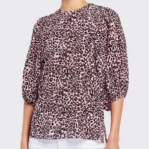 Les Reveries Silk Balloon Sleeve Animal Leopard Print Blouse Pink Women's 0